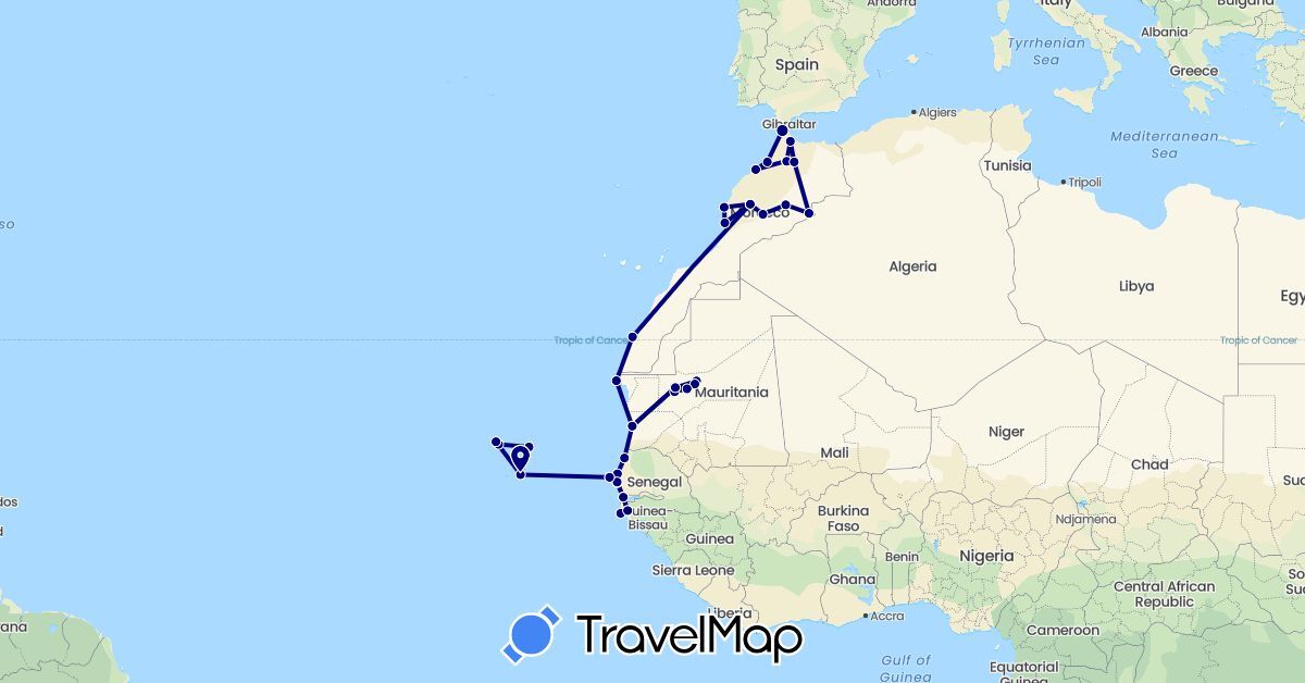 TravelMap itinerary: driving in Cape Verde, Gambia, Morocco, Mauritania, Senegal (Africa)
