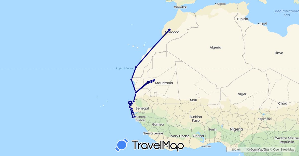 TravelMap itinerary: driving in Gambia, Morocco, Mauritania, Senegal (Africa)
